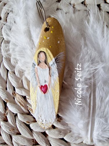 Preview: Schlüssel-/Taschenanhänger * Engel * handbemalt * Holz * Gold-Weiß * Herz